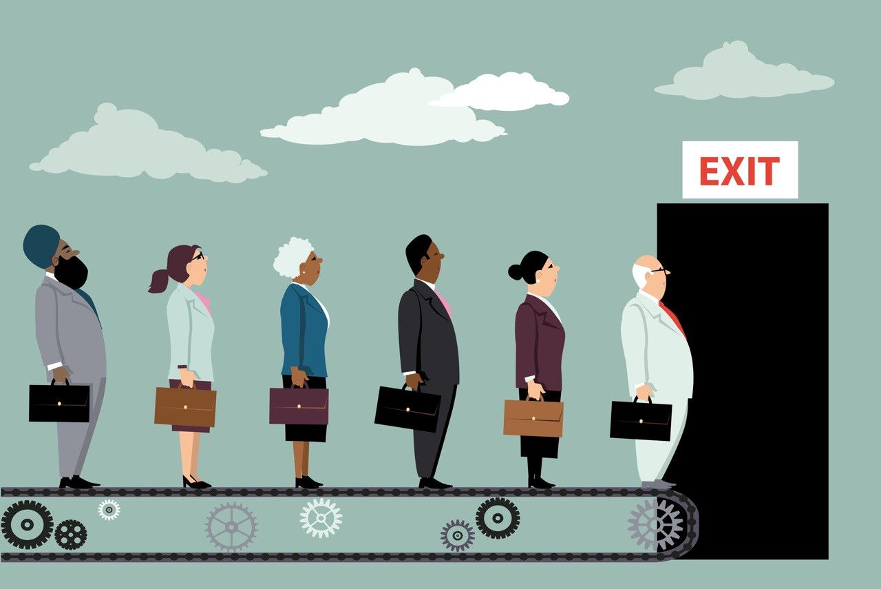 Employees on a conveyor belt leaving their jobs.
