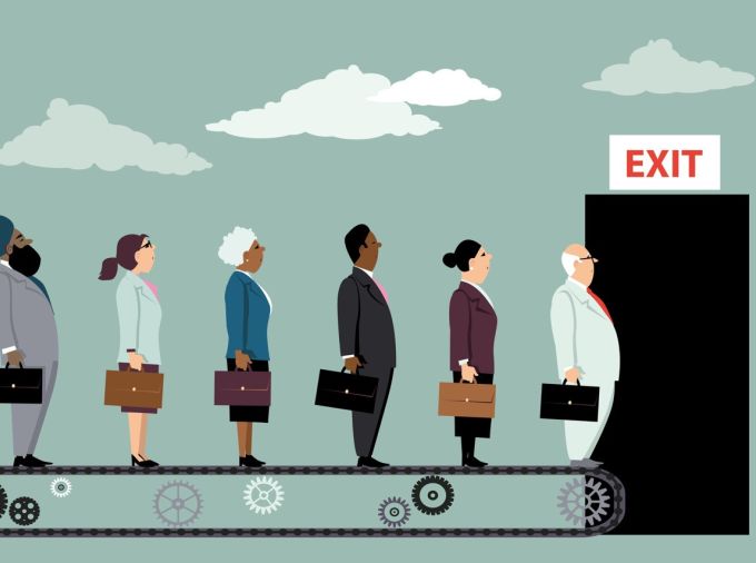 Employees on a conveyor belt leaving their jobs.