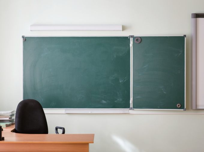 Empty teacher's desk.