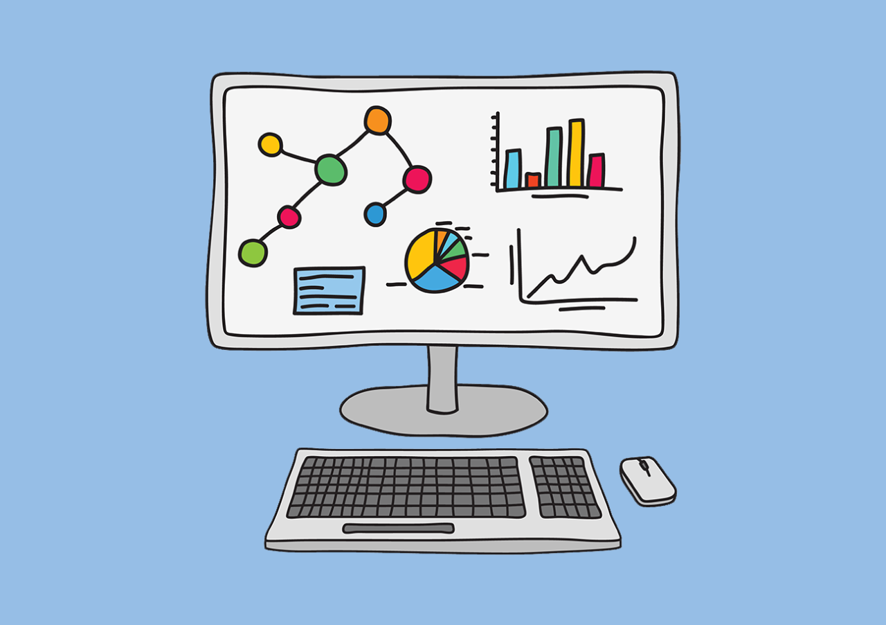 Illustration of computer with graphs on screen.